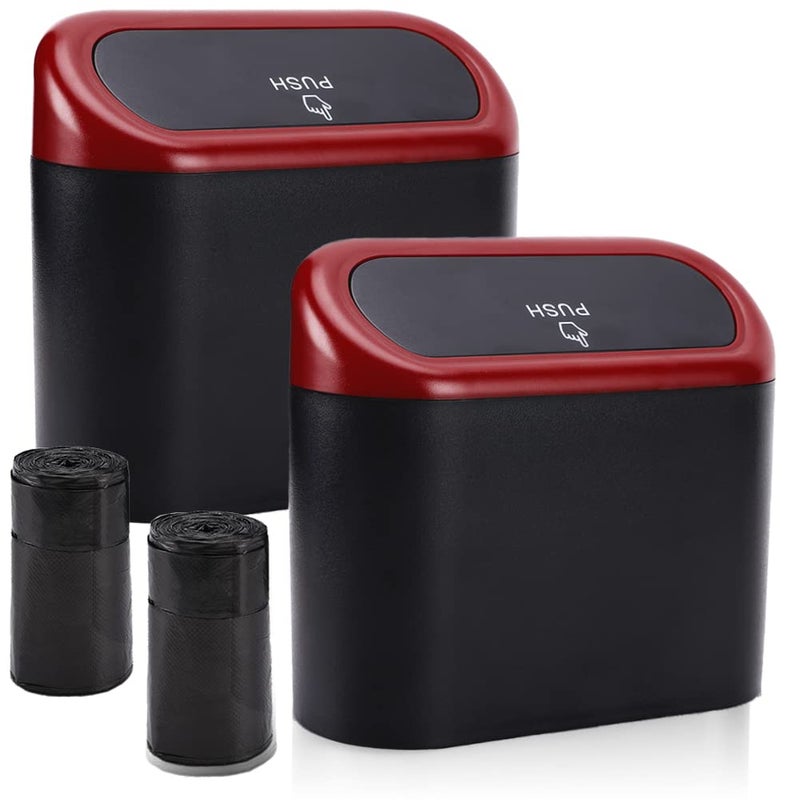 accmor Car Trash Can with Lid, 2 Packs Mini Vehicle Trash Bin Car Dustbin Garbage Organizer Holder with 2 Roll Trash Bag, Portable Hanging Leakproof Cars Storage Bag Container for Auto, SUV (Red) - Image 1