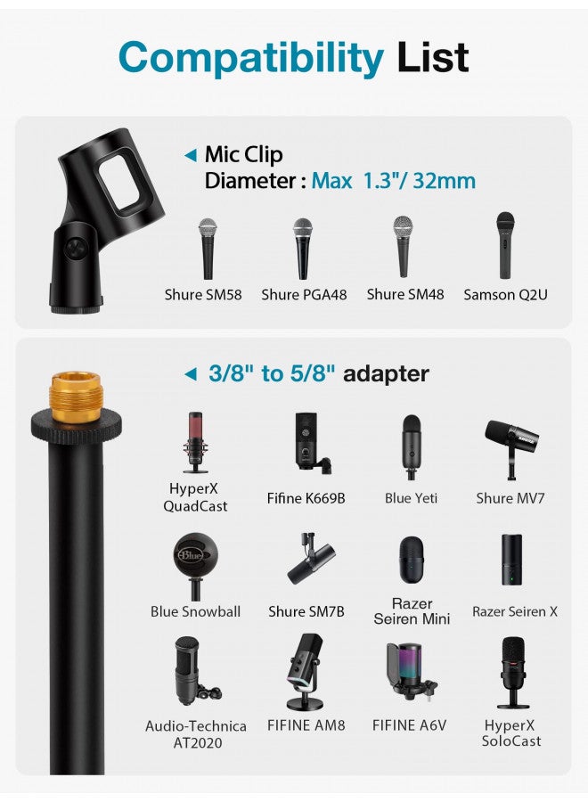 InnoGear Desktop Microphone Stand, Upgraded Adjustable Table Mic Stand with Mic Clip and 5/8" Male to 3/8" Female Screw for Blue Yeti Snowball Spark & Other Microphone - Image 3