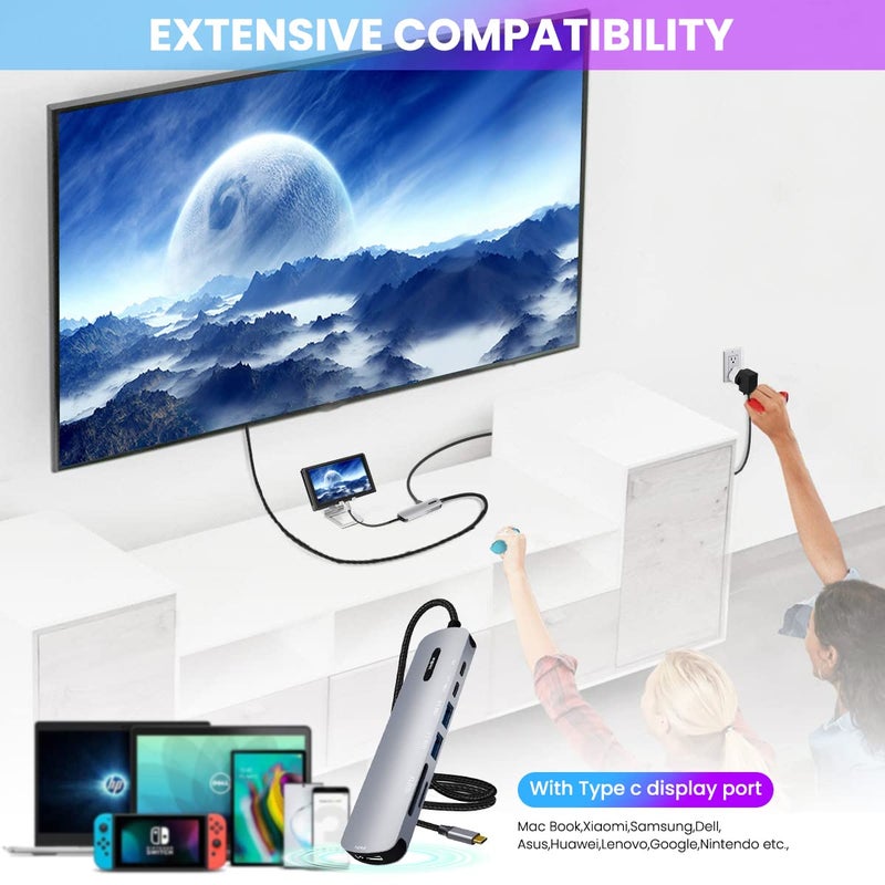 Verilux ® USB C HUB 7 in 1 USB C to HDMI Adapter 4K@30Hz, 2.0/3.0 USB Adapter Multiple Port, SD/TF Card Reader, PD 100W & C Data Port USB Type C Hub for Laptop, MacBook Pro Air 20CM USB Hub Long Cable - Image 3