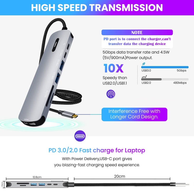 Verilux ® USB C HUB 7 in 1 USB C to HDMI Adapter 4K@30Hz, 2.0/3.0 USB Adapter Multiple Port, SD/TF Card Reader, PD 100W & C Data Port USB Type C Hub for Laptop, MacBook Pro Air 20CM USB Hub Long Cable - Image 2
