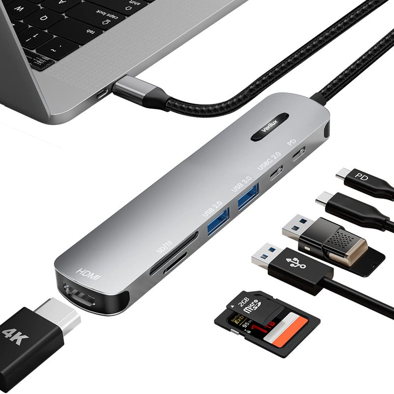 Verilux ® USB C HUB 7 in 1 USB C to HDMI Adapter 4K@30Hz, 2.0/3.0 USB Adapter Multiple Port, SD/TF Card Reader, PD 100W & C Data Port USB Type C Hub for Laptop, MacBook Pro Air 20CM USB Hub Long Cable - Image 1