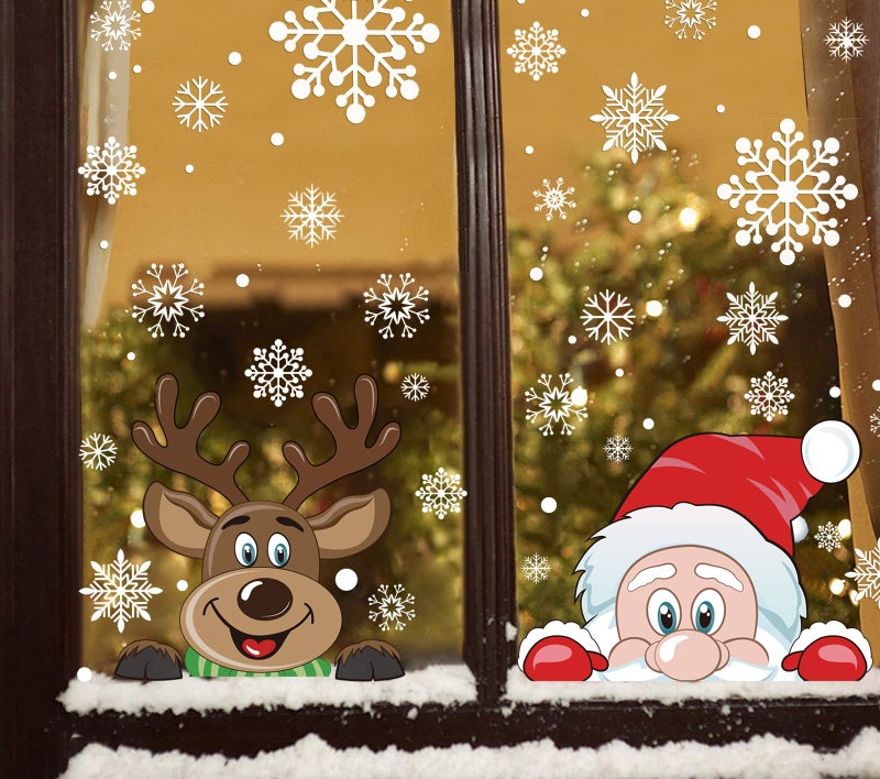 VEYLIN Christmas Window Stickers 6 Sheet Peeping Santa  Rudolph Snowflakes Window Clings PVC Staic Stickers for Christmas Window Display