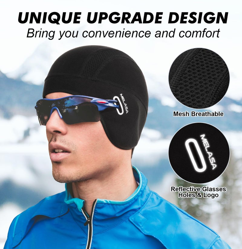 MELASA Thermal Fleece Skull Cap Beanie with Glasses Holes, Ear Warmer Helmet Liner, Winter Cycling Bike Hat for Men Women Green - Image 3