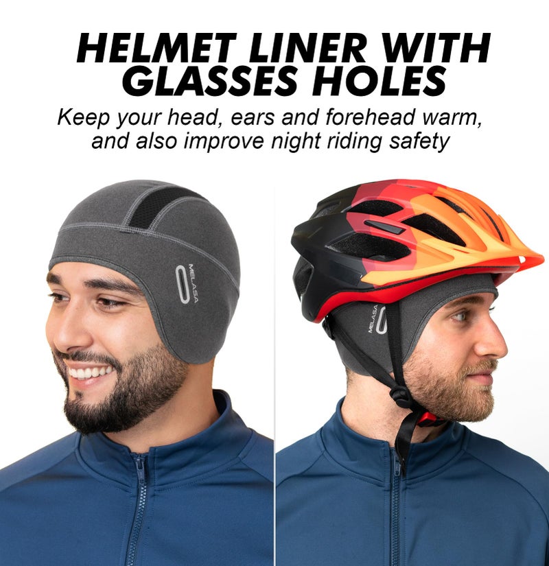 MELASA Thermal Fleece Skull Cap Beanie with Glasses Holes, Ear Warmer Helmet Liner, Winter Cycling Bike Hat for Men Women Green - Image 4