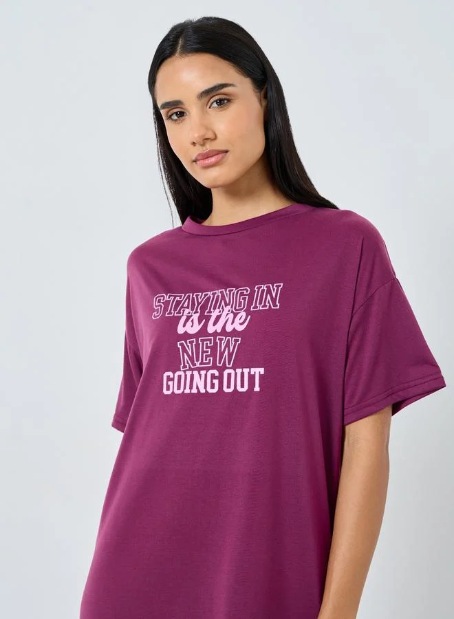 Styli Styli Slogan Print Dropped Shoulder Sleep T-Shirt Dress