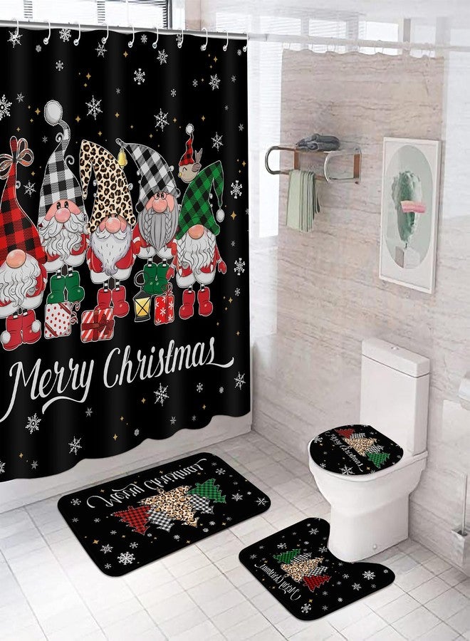 Rtteri 4 Pcs Christmas Shower Curtain Set with Non Slip Rug Toilet Lid Cover Bath Mat Christmas Bathroom Sets with 12 Pcs Hooks for Xmas Holiday Bathroom Decor, 72 x 72 Inch (Gnome) - Image 1