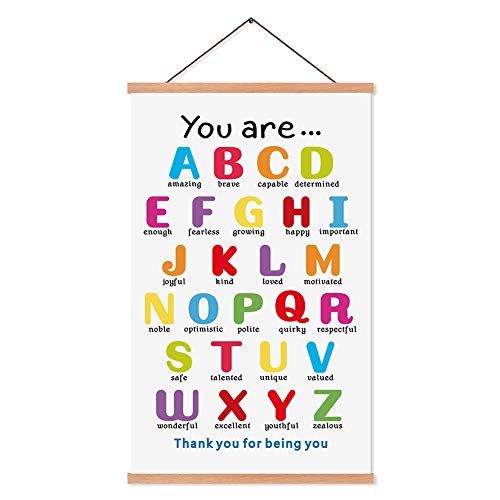 KAIRNE Colorful ABC Alphabet Art Print With Wood Magnetic Poster Hanger Frame , 28X45CM You Are Amazing Positive Affirmation Words Canvas Wall Art For Home School Classroom Room Decor - Image 1