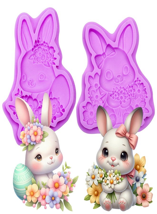 acvcatto Large Easter Bunny Silicone Mold, Floral Fondant Molds, Decorative Rabbit Chocolate Baking Molds, for Crafting Cake Decorating Cupcake Topper Candy Gum Paste Set of 2 - Image 1