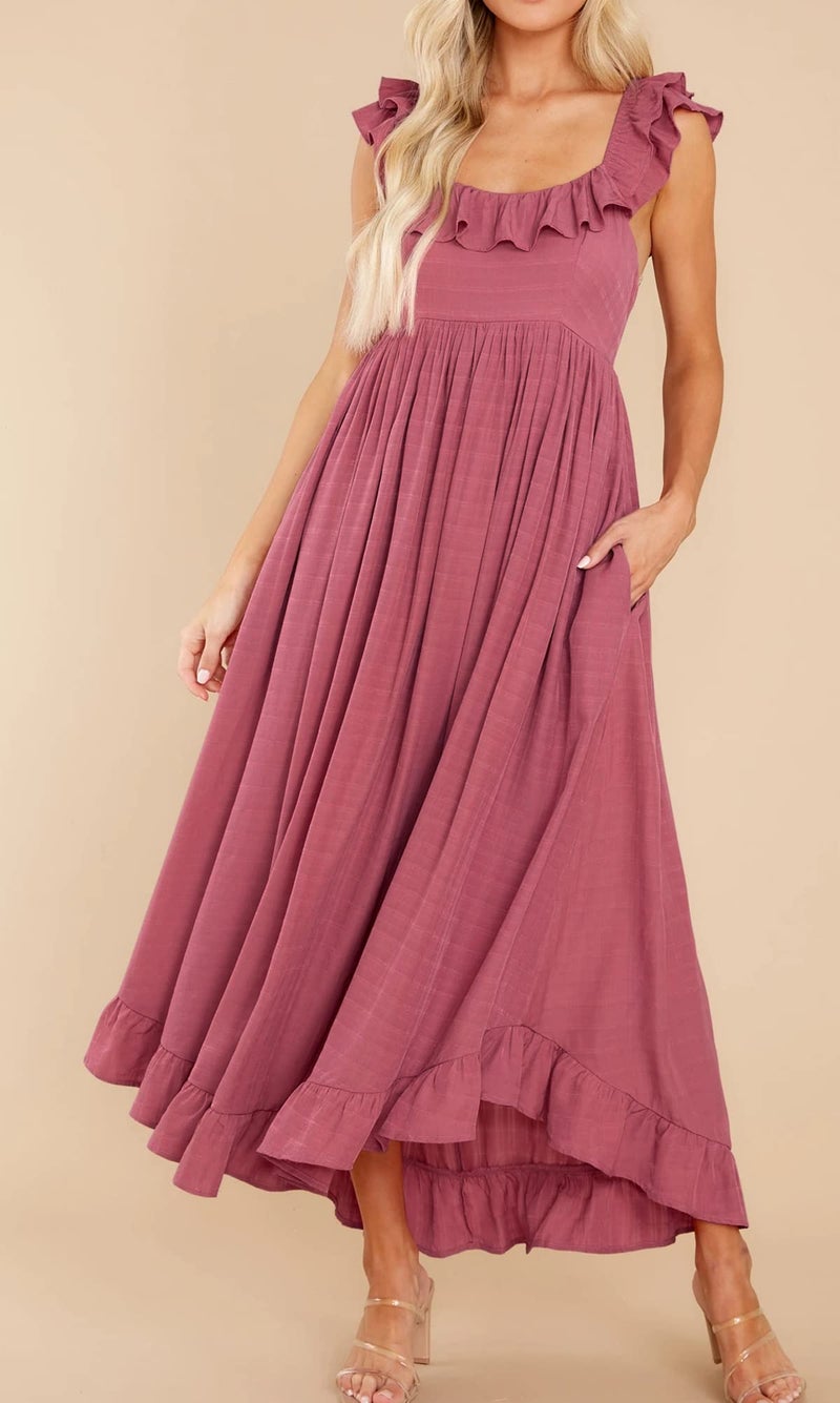 R.Vivimos Summer Dress for Women Sleeveless Boho Ruffle Square Neck Tie Back Casual Backless Flowy Midi Dress (Medium, DarkPink) - Image 2