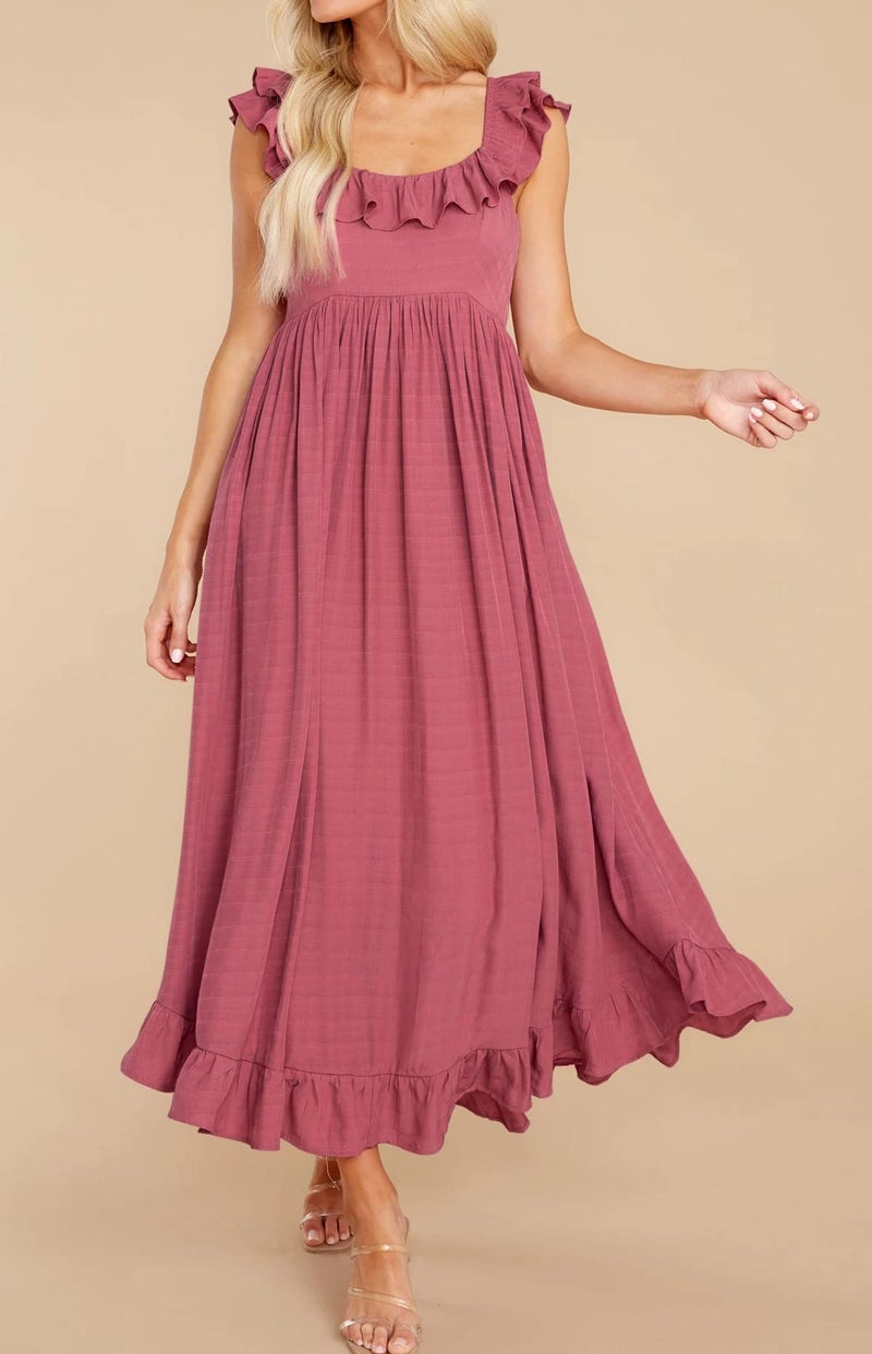 R.Vivimos Summer Dress for Women Sleeveless Boho Ruffle Square Neck Tie Back Casual Backless Flowy Midi Dress (Medium, DarkPink) - Image 4