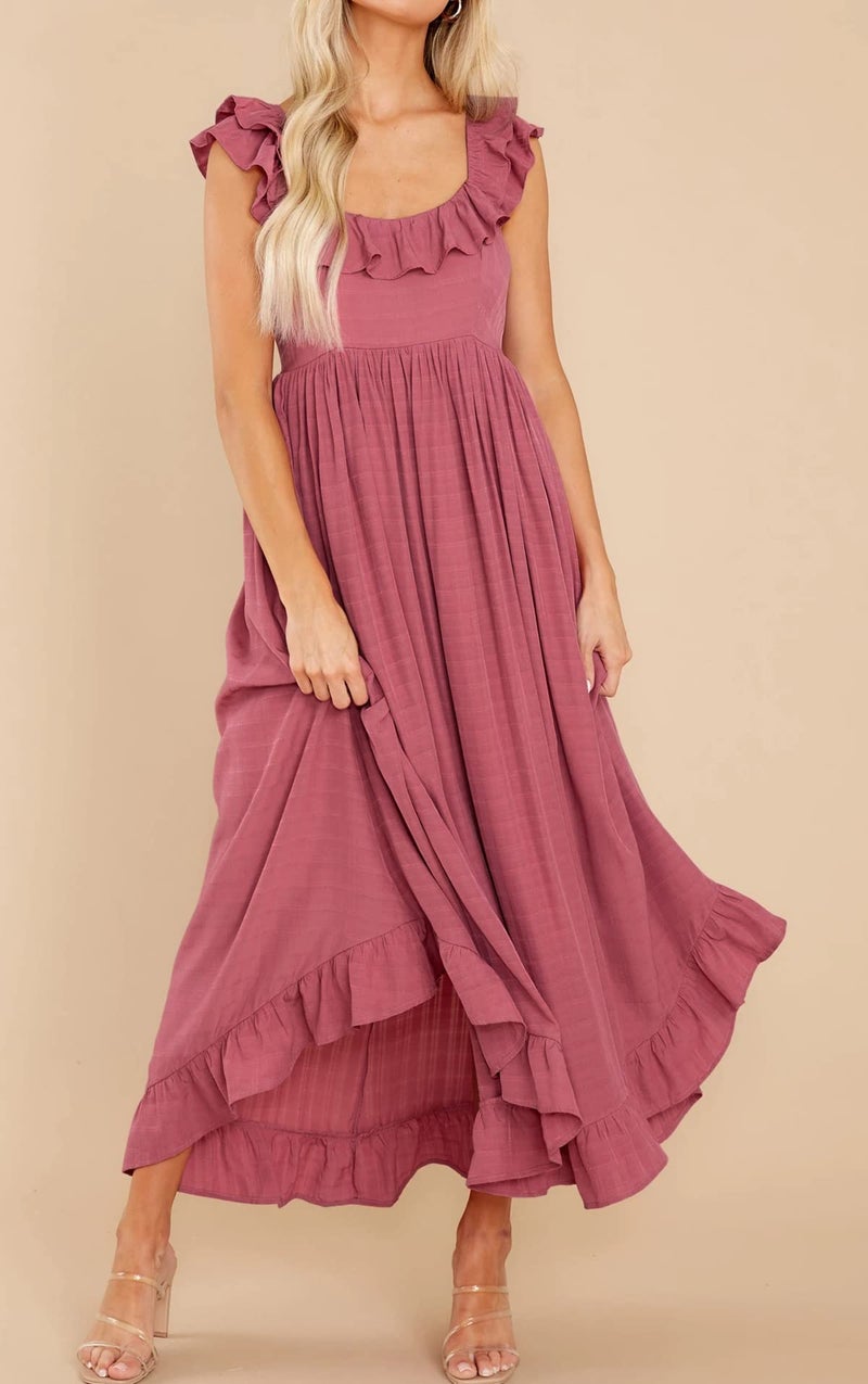 R.Vivimos Summer Dress for Women Sleeveless Boho Ruffle Square Neck Tie Back Casual Backless Flowy Midi Dress (Medium, DarkPink) - Image 3