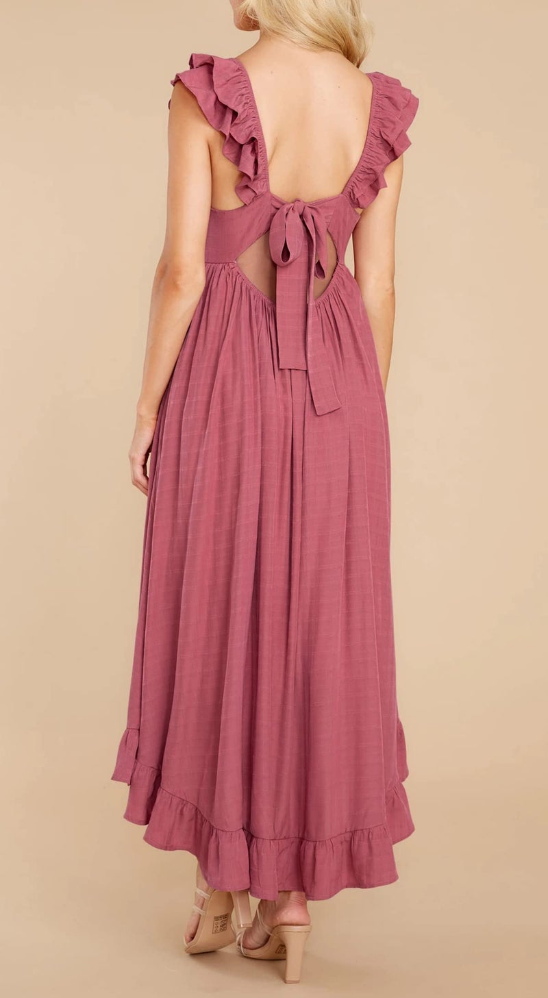 R.Vivimos Summer Dress for Women Sleeveless Boho Ruffle Square Neck Tie Back Casual Backless Flowy Midi Dress (Medium, DarkPink) - Image 5