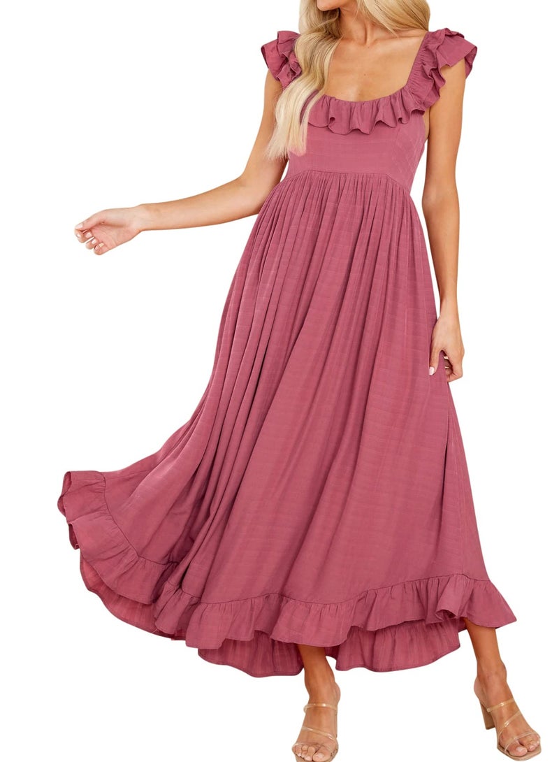 R.Vivimos Summer Dress for Women Sleeveless Boho Ruffle Square Neck Tie Back Casual Backless Flowy Midi Dress (Medium, DarkPink) - Image 1
