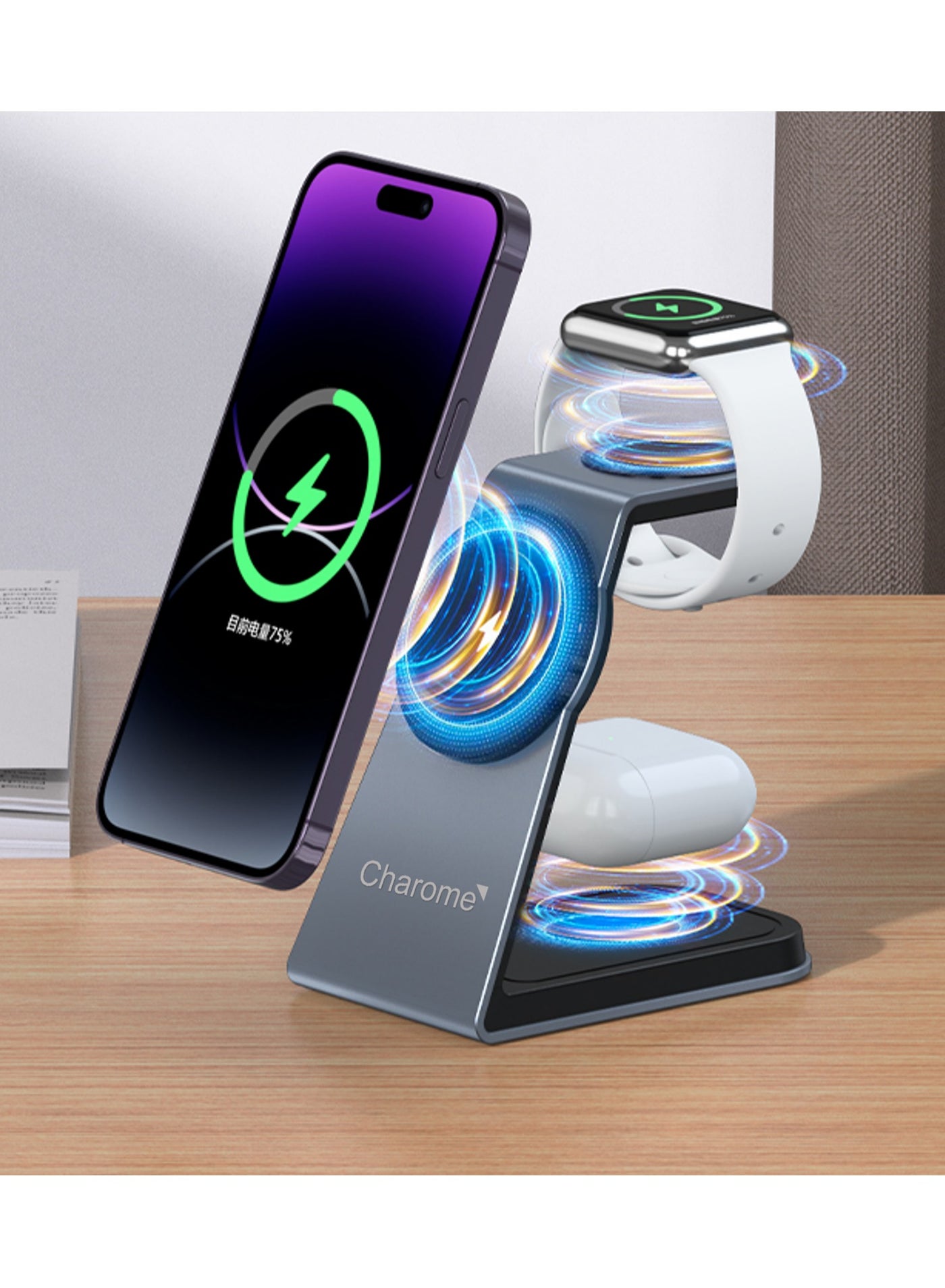 3-in-1 Wireless Charging Stand Fast Charging for Phone, Watch, Earbuds, Sleek Design, LED Indicator, Overcharge Protection, Compact Build, Anti-Slip Base, Multiple Device Compatibility