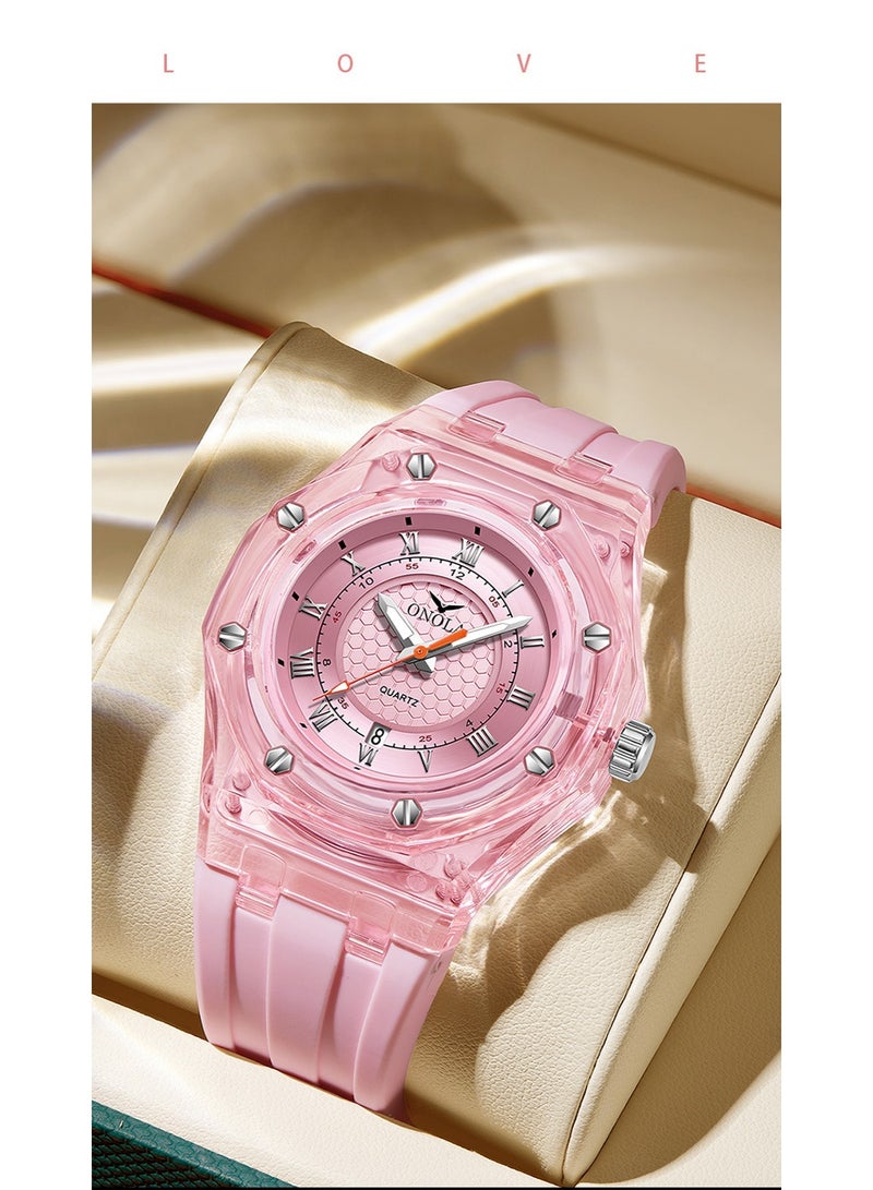 أونولا ساعة كوارتز أنيقة للجنسين، مقاومة للماء، مناسبة للطلاب، بهيكل شفاف وحزام سيليكون. - Image 2