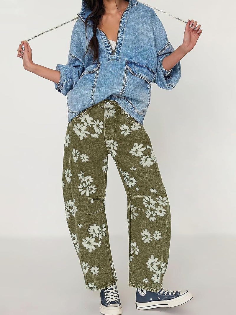 ebossy Women's Retro Floral Print Barrel Jeans Mid Rise Wide Leg Baggy Boyfriend Horseshoe Denim Pants (M, Green) - Image 3