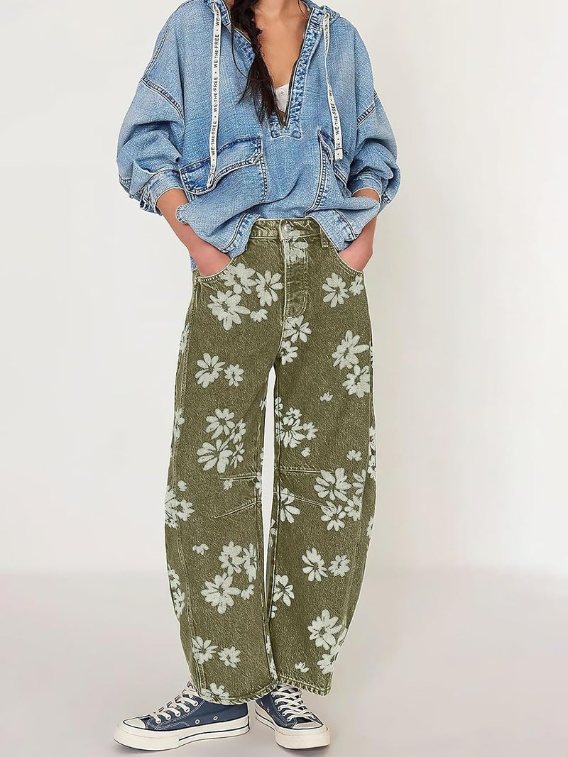 ebossy Women's Retro Floral Print Barrel Jeans Mid Rise Wide Leg Baggy Boyfriend Horseshoe Denim Pants (M, Green) - Image 4