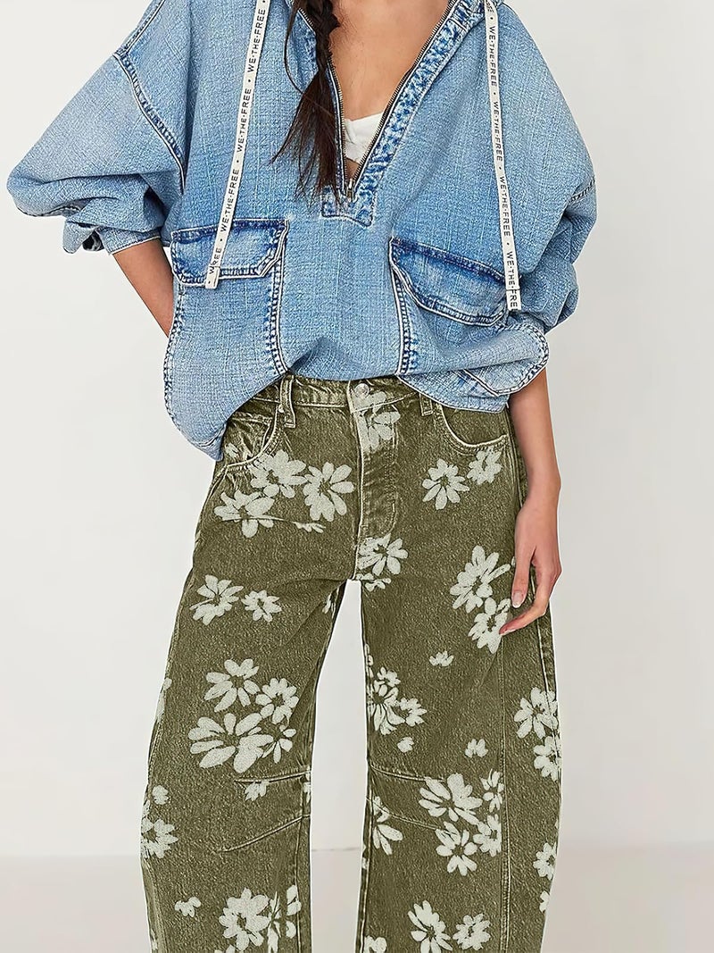 ebossy Women's Retro Floral Print Barrel Jeans Mid Rise Wide Leg Baggy Boyfriend Horseshoe Denim Pants (M, Green) - Image 5