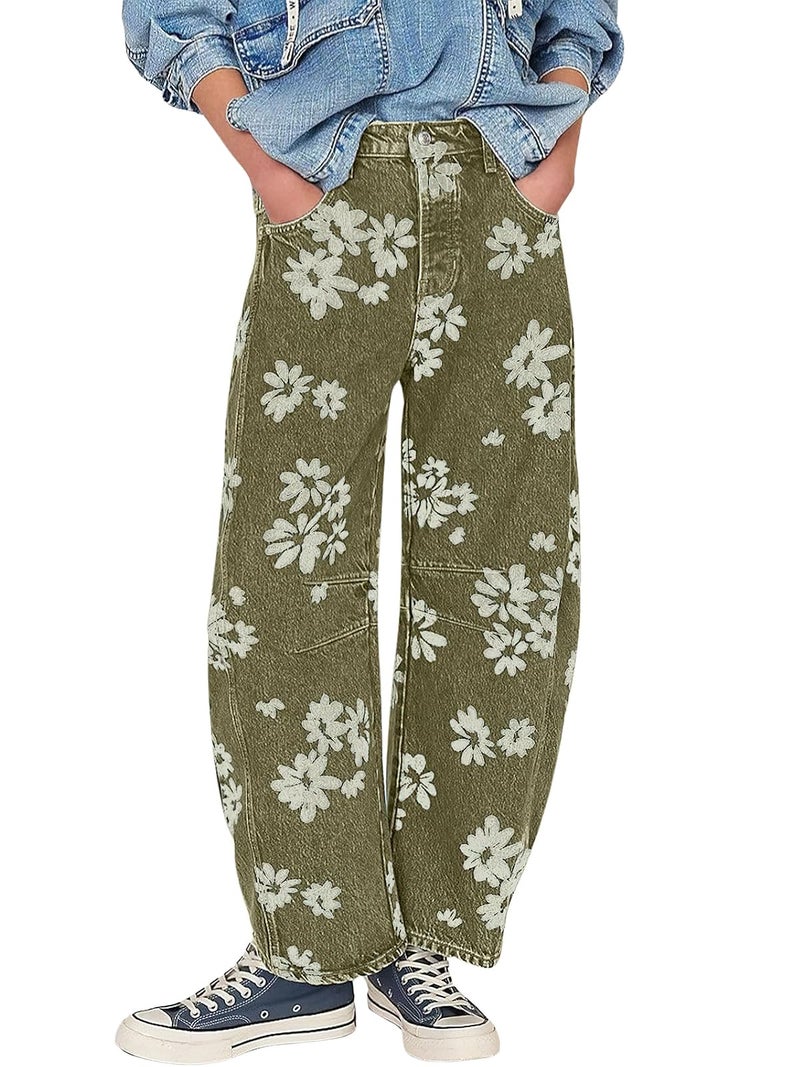 ebossy Women's Retro Floral Print Barrel Jeans Mid Rise Wide Leg Baggy Boyfriend Horseshoe Denim Pants (M, Green) - Image 1