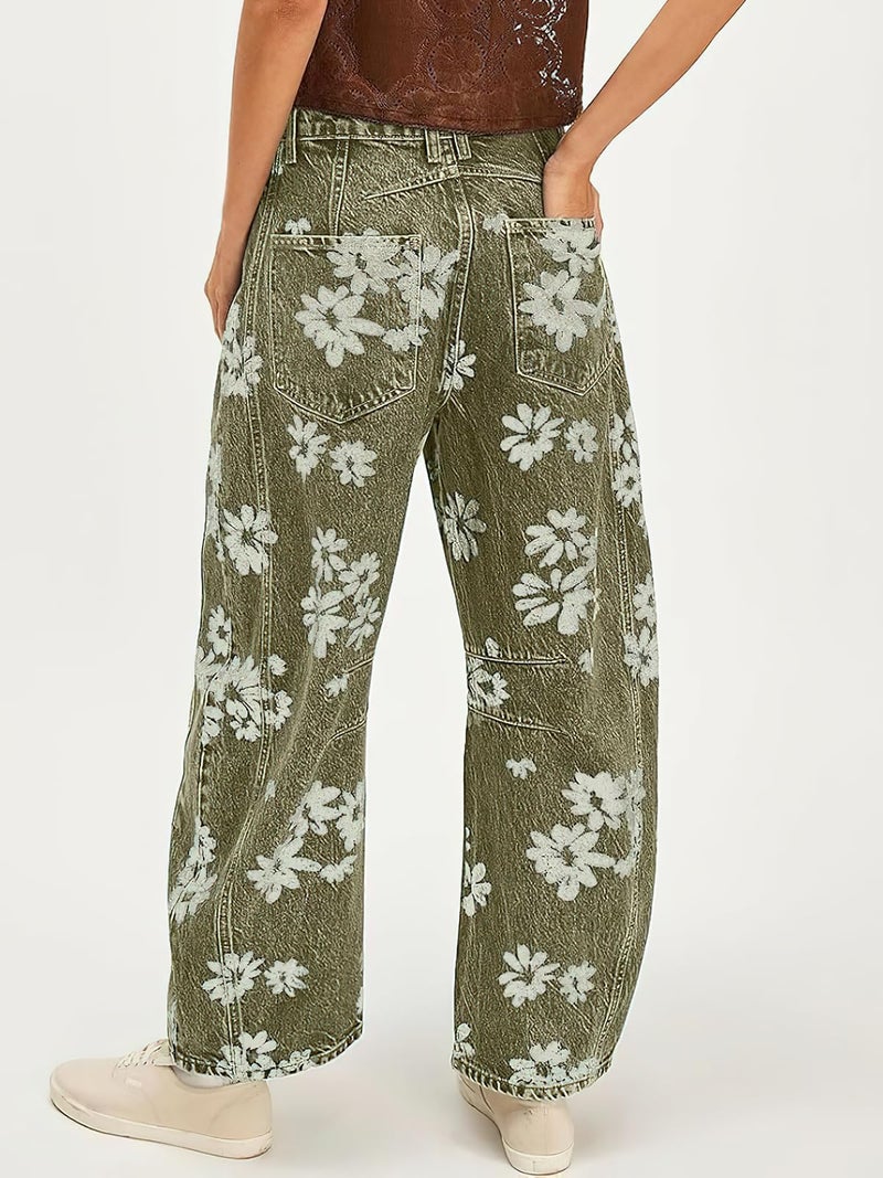 ebossy Women's Retro Floral Print Barrel Jeans Mid Rise Wide Leg Baggy Boyfriend Horseshoe Denim Pants (M, Green) - Image 2