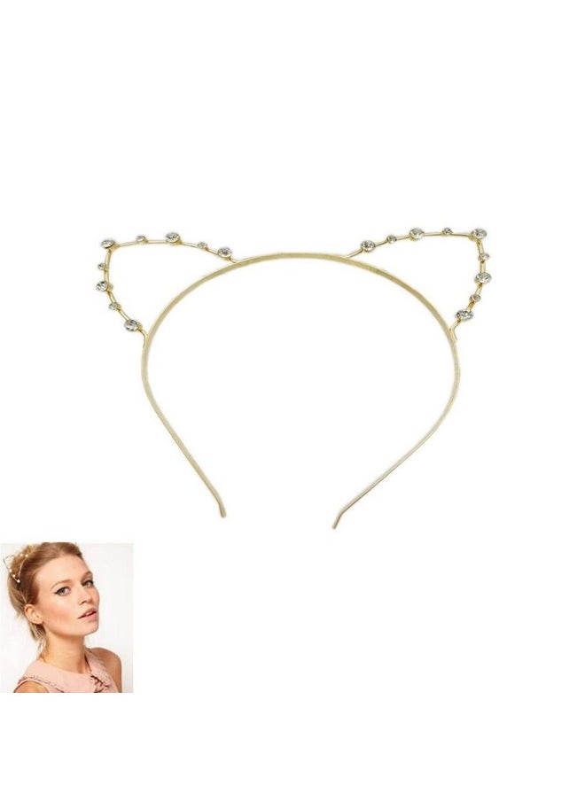 Jilukibo - Ilukibo Rhinestone Cat Ears Headband Crystal Kitty Hair Band For Women Girls Lovely Alloy Cat Ears Hair Hoop For Halloween Cosplay Costume Party (Gold) - Image 1