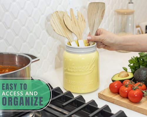 Comfify Wide Mouth Mason Jar Utensil Holder Decorative Kitchenware Organizer Crock, Dishwasher Safe - Kitchen Caddy Green, Large Size 7" High - Yellow - Image 5