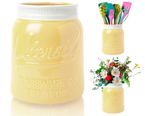 Comfify Wide Mouth Mason Jar Utensil Holder Decorative Kitchenware Organizer Crock, Dishwasher Safe - Kitchen Caddy Green, Large Size 7" High - Yellow - Image 1