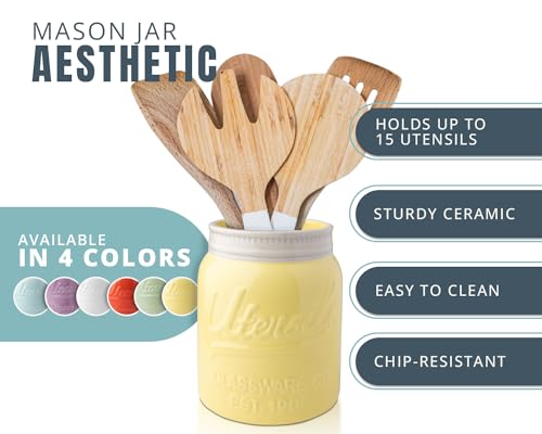 Comfify Wide Mouth Mason Jar Utensil Holder Decorative Kitchenware Organizer Crock, Dishwasher Safe - Kitchen Caddy Green, Large Size 7" High - Yellow - Image 2