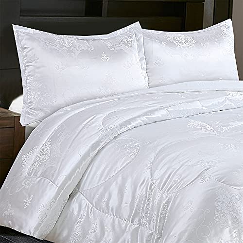 Raytrue-X White King Size Comforter Set, 3pcs Silk Jacquard Ultra Soft Bed Comforter Set, Lightweight Quilt Blanket for King Bed (104x90inches) - Image 5