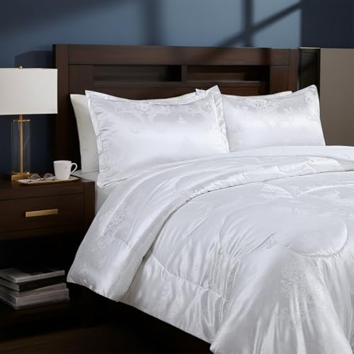 Raytrue-X White King Size Comforter Set, 3pcs Silk Jacquard Ultra Soft Bed Comforter Set, Lightweight Quilt Blanket for King Bed (104x90inches) - Image 1