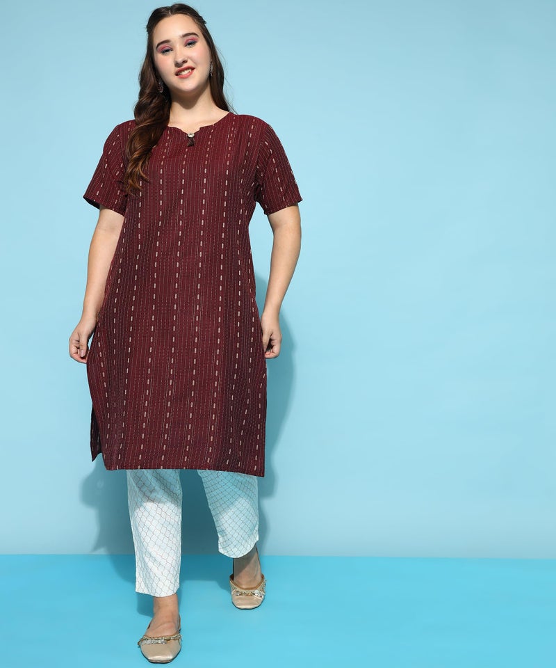 ANUSHIL Cotton Kurta for Women's and Girl's Dobby Woven Design V- Neck Elbow Sleeves Knee Length Office Wear | Short Kurti | Regular Fit (Color:-Maroon, Size:-M) - Image 2