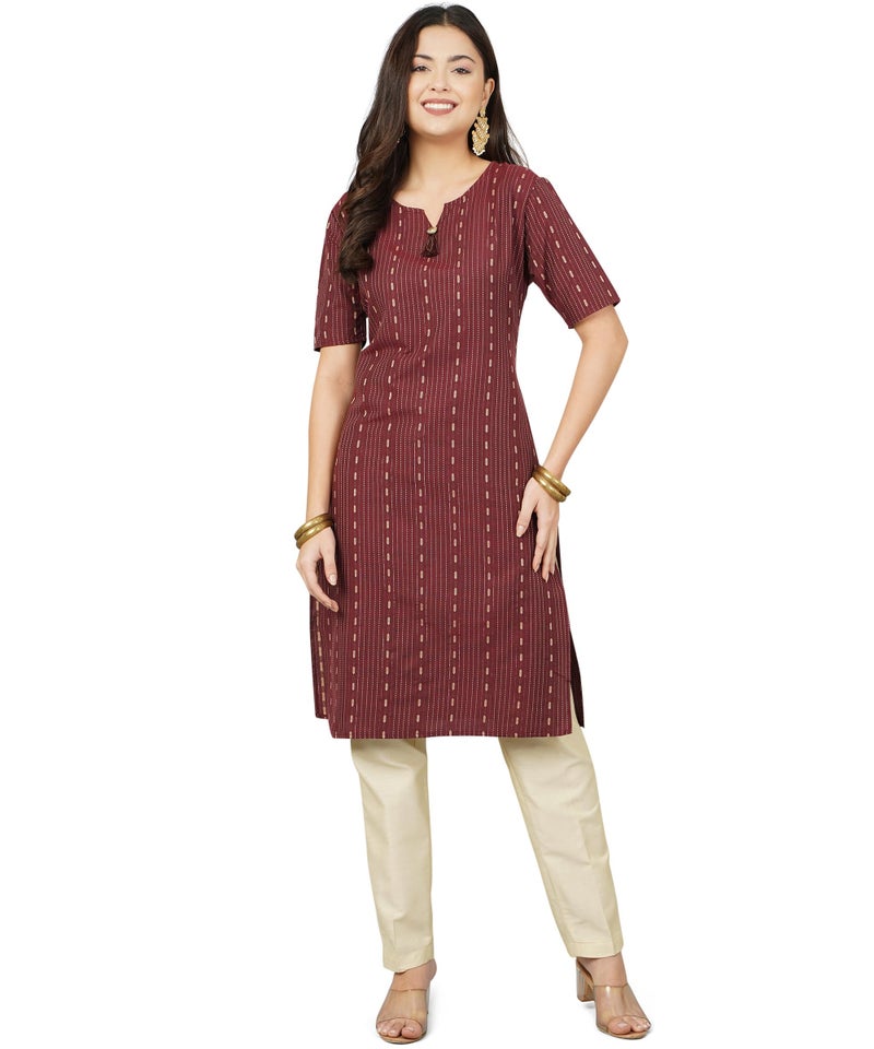 ANUSHIL Cotton Kurta for Women's and Girl's Dobby Woven Design V- Neck Elbow Sleeves Knee Length Office Wear | Short Kurti | Regular Fit (Color:-Maroon, Size:-M) - Image 1