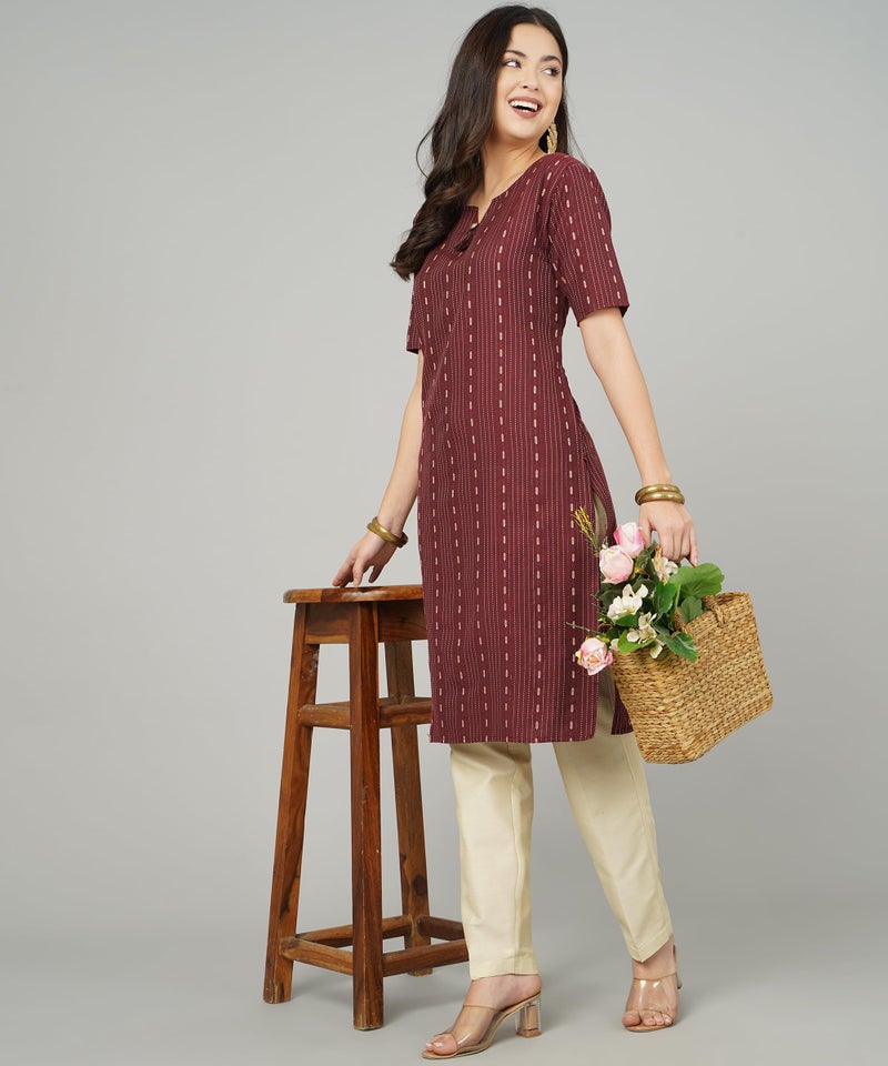 ANUSHIL Cotton Kurta for Women's and Girl's Dobby Woven Design V- Neck Elbow Sleeves Knee Length Office Wear | Short Kurti | Regular Fit (Color:-Maroon, Size:-M) - Image 5