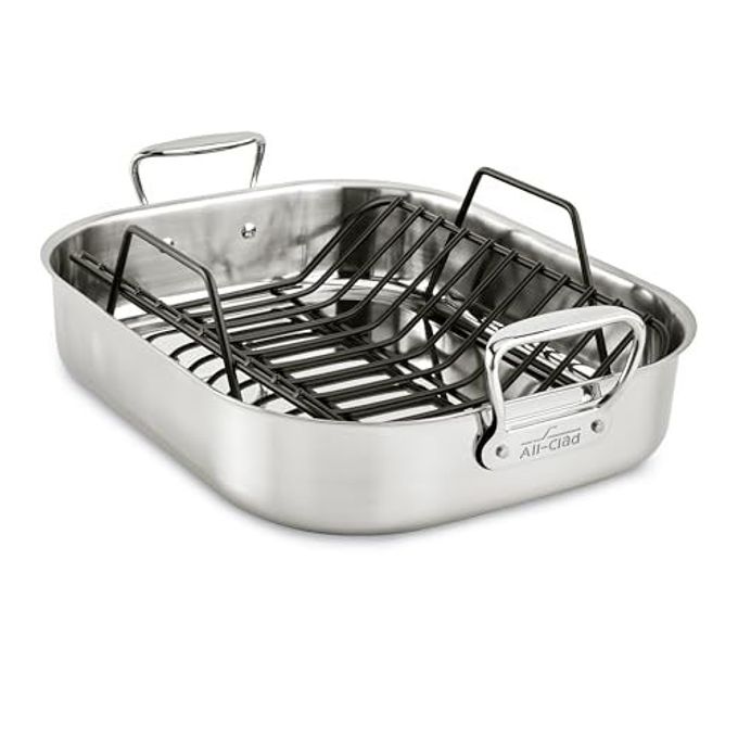 All-Clad Specialty Stainless Steel Roaster and Nonstick Rack 16x13x5 Inch Oven Broiler Safe 600F Roaster Pan, Pots and Pans, Bakeware, Turkey, Silver - Image 1