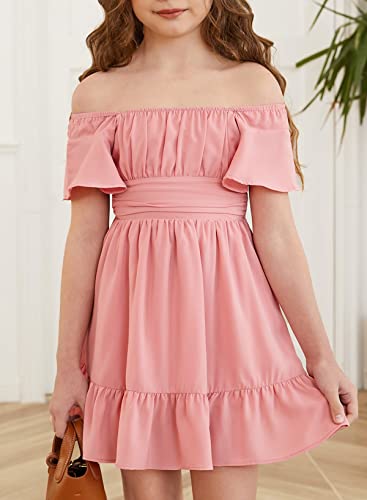 blibean Girls Summer Tie Back Dress Tween Kids Formal Boho Cold Shoulder Cute Dresses Ruffle Party Short Tulle Clothing Vestidos Niñas Size 12-13 Years Old Pink - Image 4