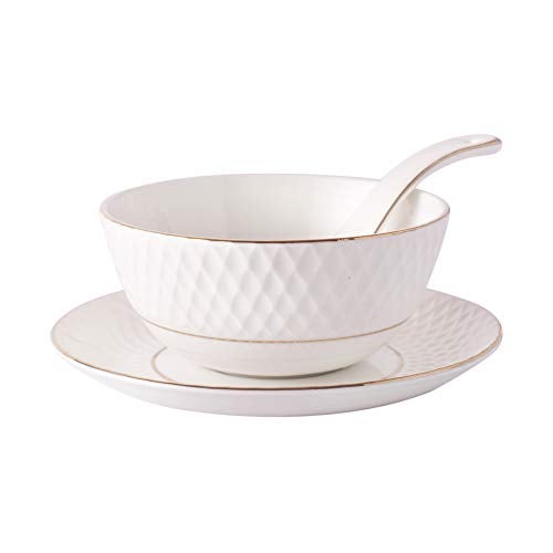 E - Ezra E-Ezra Indian Tableware Ceramic Bone China White Soup Bowls Cup with Spoons & Saucer/Deep Maggi Cup Microwave Safe (Embossed White) - Image 2