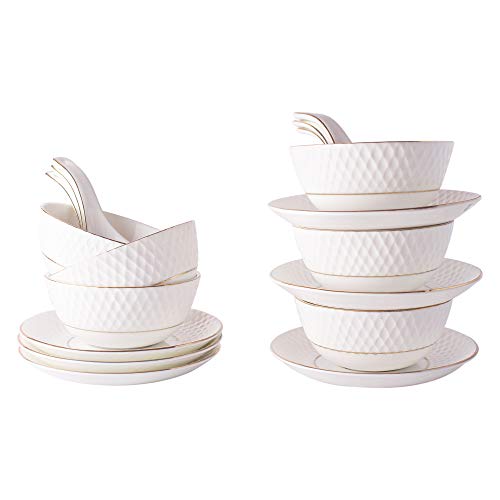 E - Ezra E-Ezra Indian Tableware Ceramic Bone China White Soup Bowls Cup with Spoons & Saucer/Deep Maggi Cup Microwave Safe (Embossed White) - Image 1