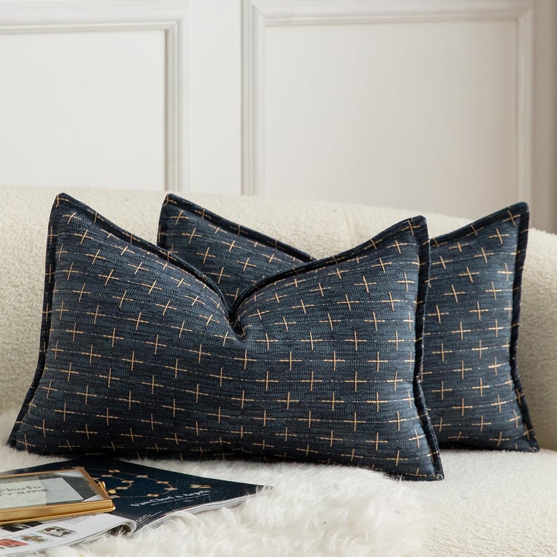 MANDIOO Pack of 2 Burlap Linen Throw Pillow Covers Woven Textured Modern Farmhouse Cushion Covers Pillowcase Decorative Couch Sofa Bed Living Room 12 x 20 Inch Deep Blue - Image 1