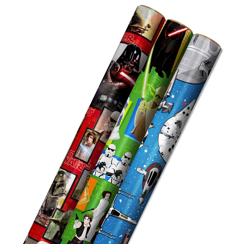 Hallmark Star Wars Wrapping Paper with Cut Lines on Reverse 3Pack 60 sq ft ttl with Yoda Darth Vader Chewbacca R2D2 C3PO Stormtroopers XWing Millennium Falcon