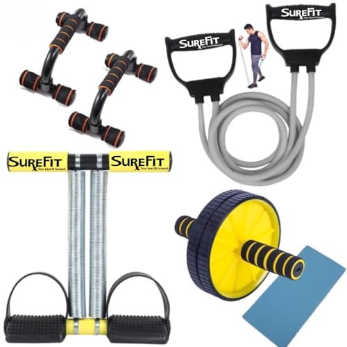 SUREFIT Double Spring Tummy Trimmer, Resistance Toning Tube, Ab Roller & Push-Up Bar | 4-in-1 Home Gym Combo Full Body Fitness Kit for Men & Women | Home Workout Set Yellow - Image 1