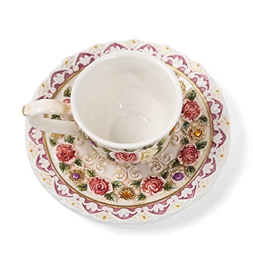 FORLONG Ceramic Coffee Mug and Saucer Set for Women, Vitorian Hand-painted Rose Flower Tea Cup - 3oz(Red) - Image 5