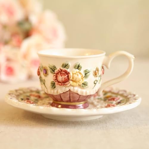 FORLONG Ceramic Coffee Mug and Saucer Set for Women, Vitorian Hand-painted Rose Flower Tea Cup - 3oz(Red) - Image 3