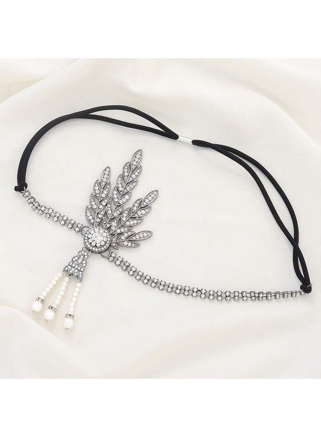 GENBREE 1920S Flapper Headband Rhinestone Leaf Headpieces Pearl Tassel Hair Band Flapper Hair Accessories Party Cocktail For Women And Girls  - Image 2
