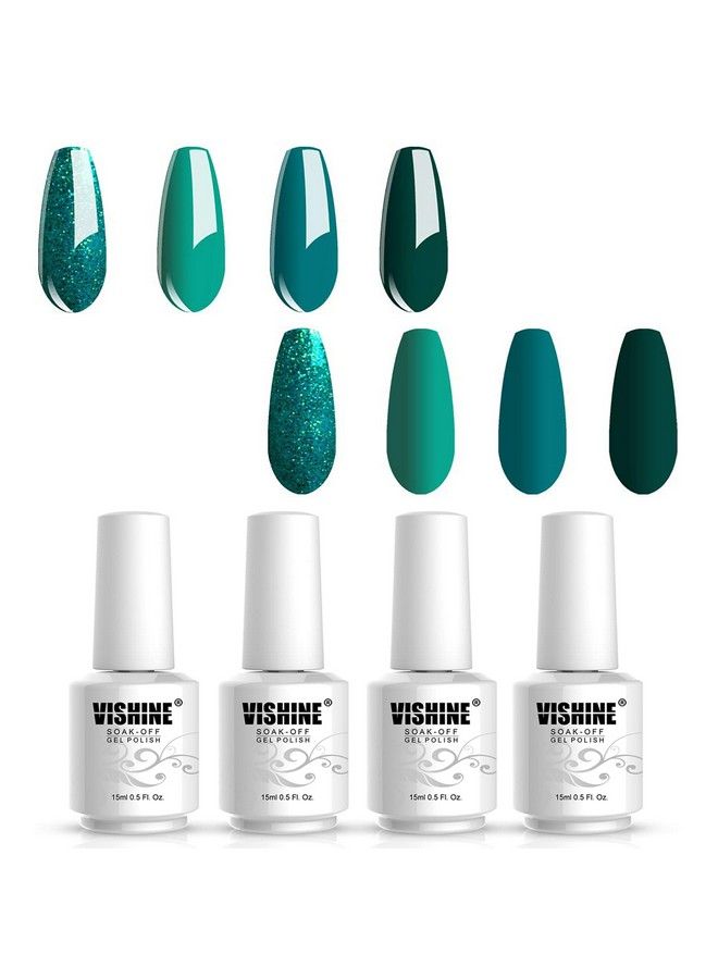 Vishine طقم طلاء أظافر جل بلون أخضر مائل للزرقة 4 ألوان 15 مل طلاء جل لامع أخضر لامع طقم طلاء أظافر جل أخضر داكن فن الأظافر في المنزل DIY صالون - Image 1