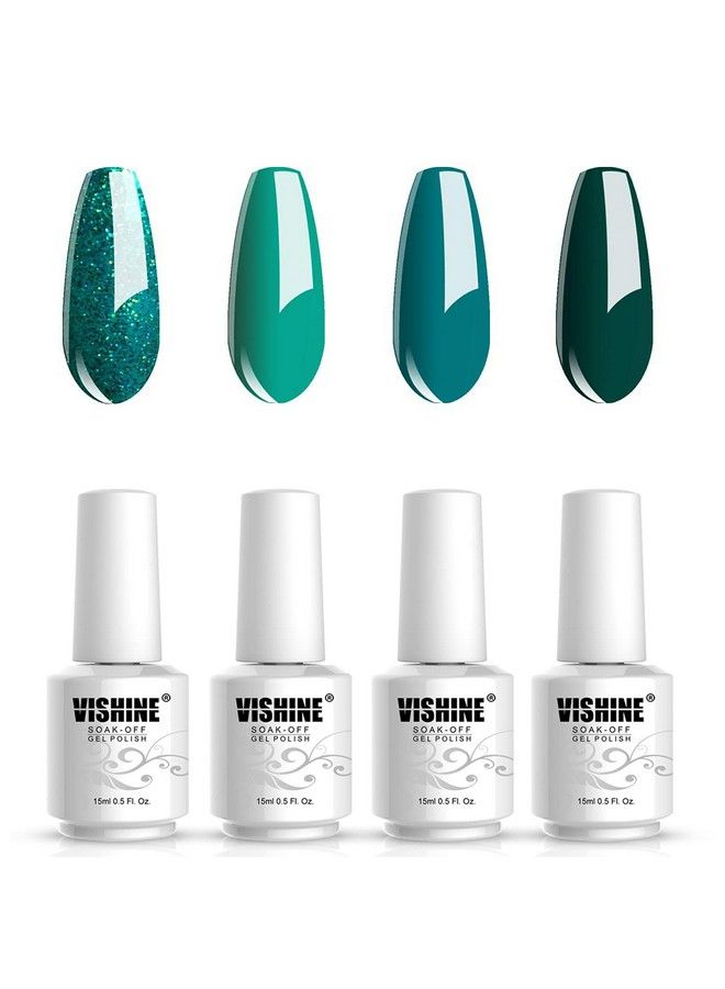 Vishine طقم طلاء أظافر جل بلون أخضر مائل للزرقة 4 ألوان 15 مل طلاء جل لامع أخضر لامع طقم طلاء أظافر جل أخضر داكن فن الأظافر في المنزل DIY صالون - Image 5