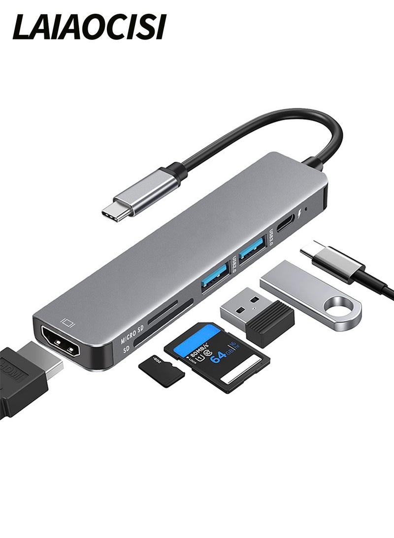 LAIAOCISI 6 in 1 USB-C Hub For MacBook-Pro Type C Adapter Multiport SD Card Reader 4K HDMI Grey - Image 1