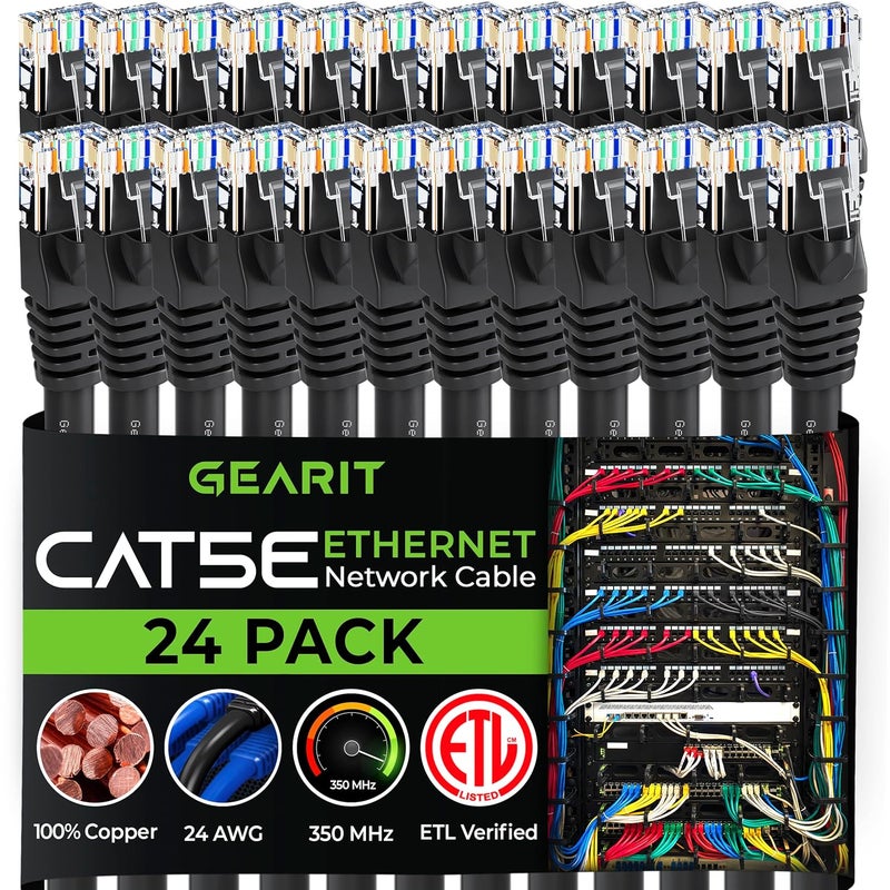 GearIT 24-Pack, Cat5e Ethernet Patch Cable 6 Feet - Snagless RJ45 Computer LAN Network Cord, Black - Image 1