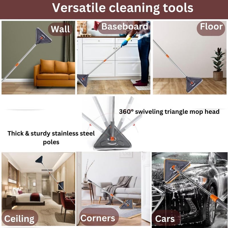 Deoxys Triangle Wall Mop with Long Handle Dust Mop for Wall Cleaner Baseboard Cleaning Tool with Detachable Handle Ceiling Cleaning Tool Duster Wiping Mop with Microfiber Pads 40 Inch - Image 4