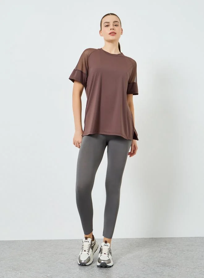 Styli Active Women Brown Shoulder Mesh Panel Yoga Top