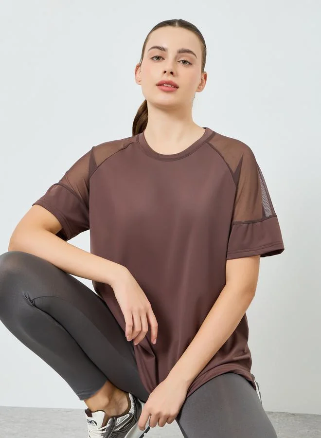 Styli Active Women Brown Shoulder Mesh Panel Yoga Top